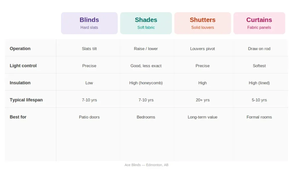 Comparison chart of blinds, shades, shutters, and curtains by operation, light control, insulation, and lifespan
