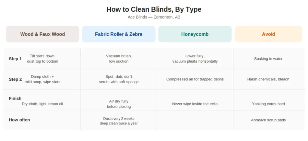 Quick reference guide for cleaning wood, fabric roller, zebra, and honeycomb blinds by step, with mistakes to avoid