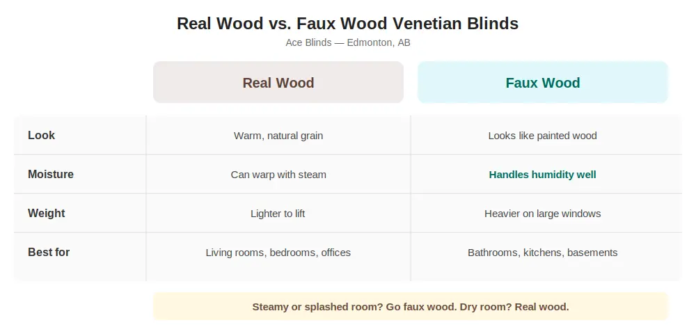 Comparison of real wood and faux wood venetian blinds by look, moisture resistance, weight, and best rooms